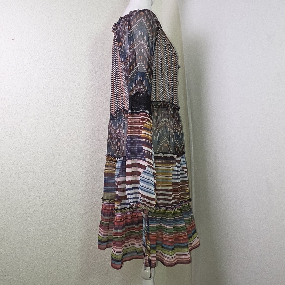 Desigual Multicolor Boho Patchwork Tiered Sheer Dress Size 42 (M/L) - Picture 3 of 11